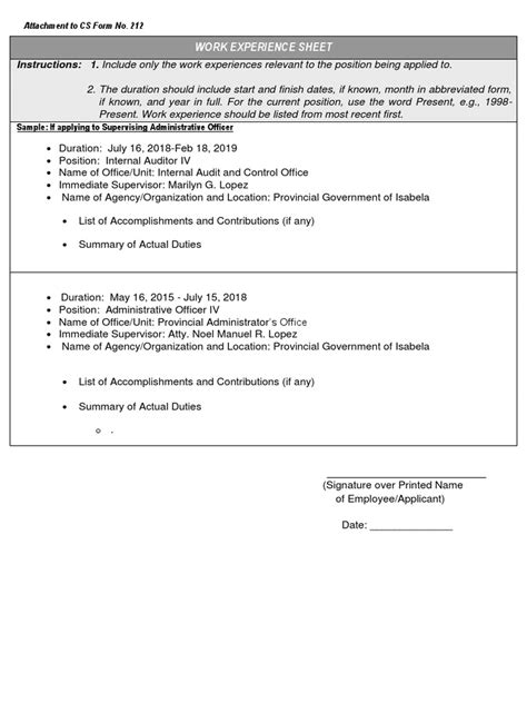 [Editable File] Work Experience Sheet (CS Form No. 212) .